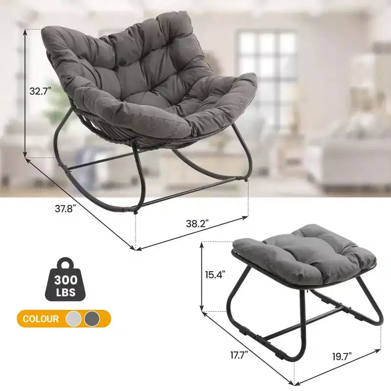 Heynemo Terrassen-Schaukelstuhl mit Hocker, Eiformiger Schaukelstuhl für drinnen und draußen mit Kissen, Überdimensionaler Papasan-Loungesessel aus Metall, Lesesessel