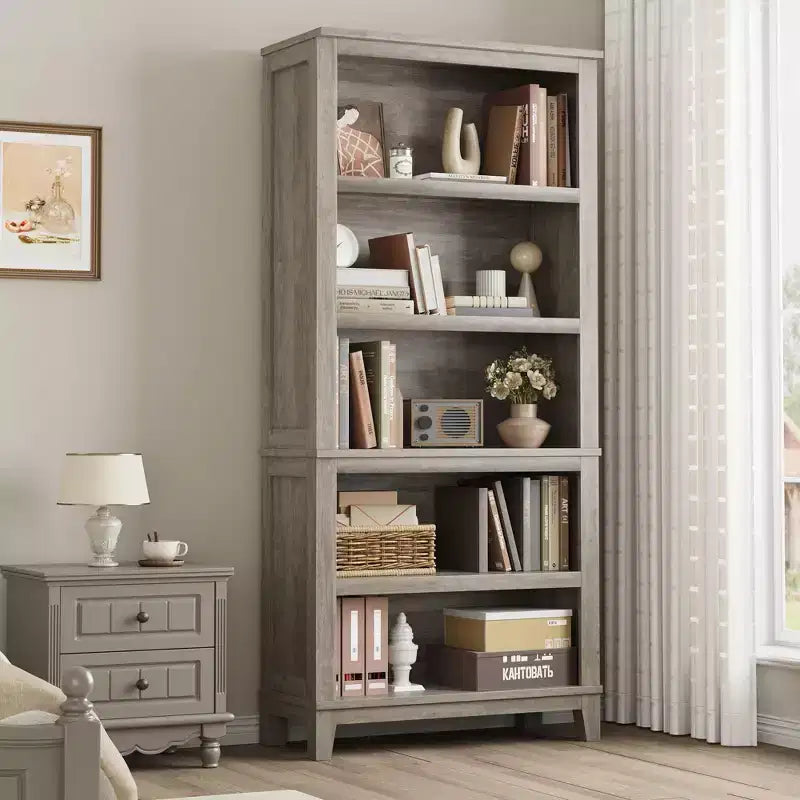 GustoWave 71 Zoll hohes Bücherregal mit verstellbaren Böden, 31,5 Zoll breit, Holzregal mit 5 Ebenen im Landhausstil, Vintage-Bücherregal