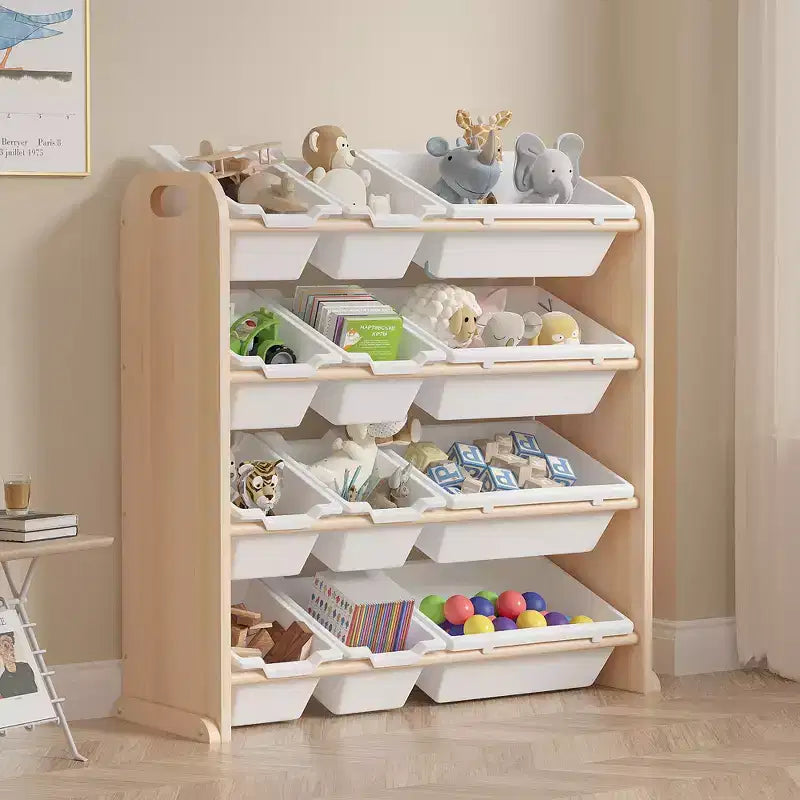 VECELO Kinder-Bücherregal mit Spielzeugaufbewahrung und 12 Körben, Spielzeugregal aus Holz für Kleinkinder, geräumige Spielzimmeraufbewahrung für Bücher oder Spielzeug