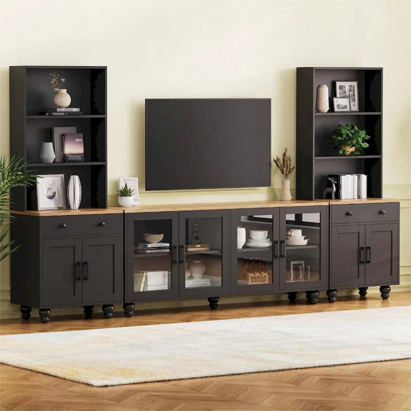 Schwarzes Entertainment-Center im Landhausstil mit dunklem Walnussholz, Bücherregalen und Türen aus gehärtetem Glas für Fernseher bis 70 Zoll