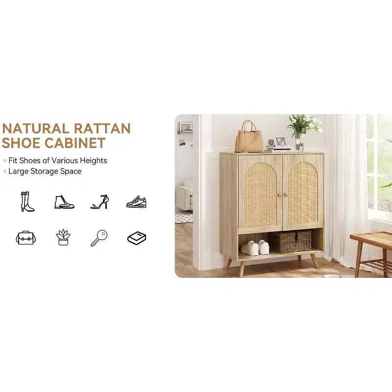 Schuhregal-Organizer, 4-stöckiger Schuhschrank aus Holz mit verstellbaren Einlegeböden & Rattan-Türen, schmales Eichenregal für Flur und Wohnzimmer