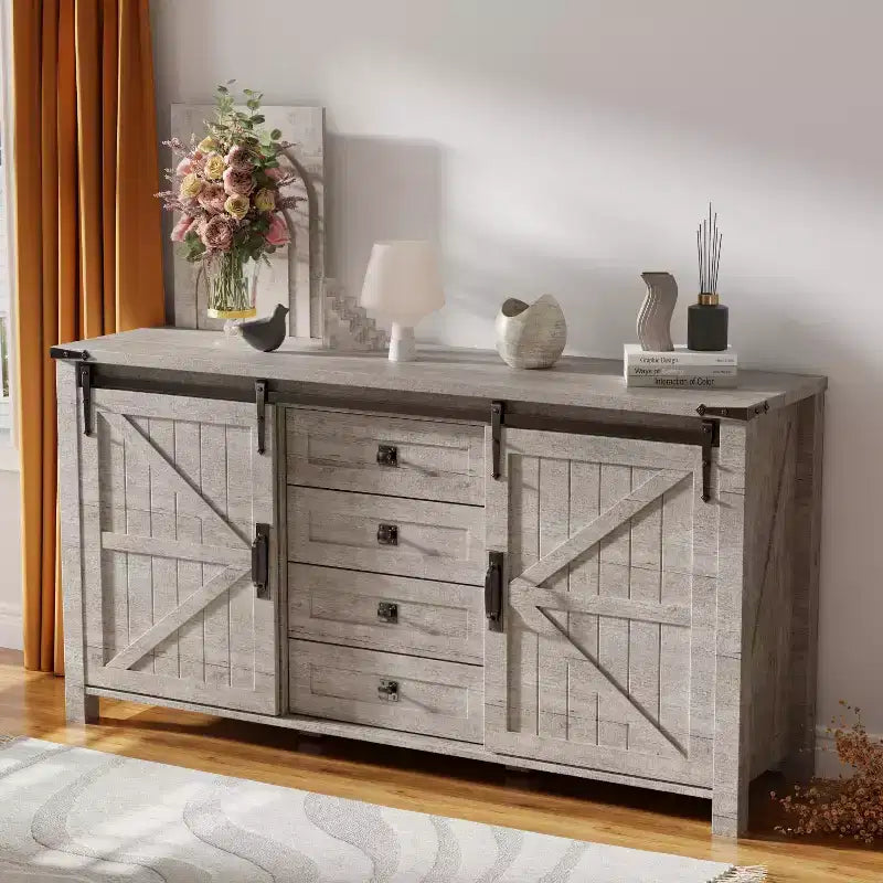 SinCiDo Farmhouse 60-cm-Schminktisch mit verschiebbarer Scheunentür und 4 Schubladen, Schubladenschrank für Wohnzimmer, Schlafzimmer und Kaffeebar