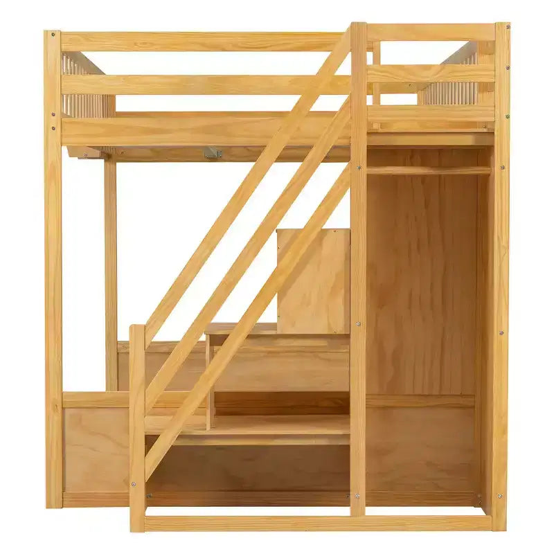 Queen-Hochbettgestell mit Treppe, Kleiderschrank & Regalen - MDF, 650 lb