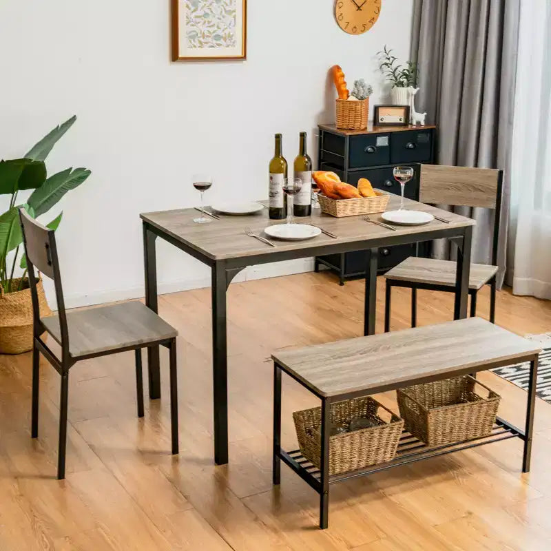 Costway 4-teiliges Esszimmertisch-Set, rustikaler Tisch, 2 Stühle & Bank mit Ablagefach