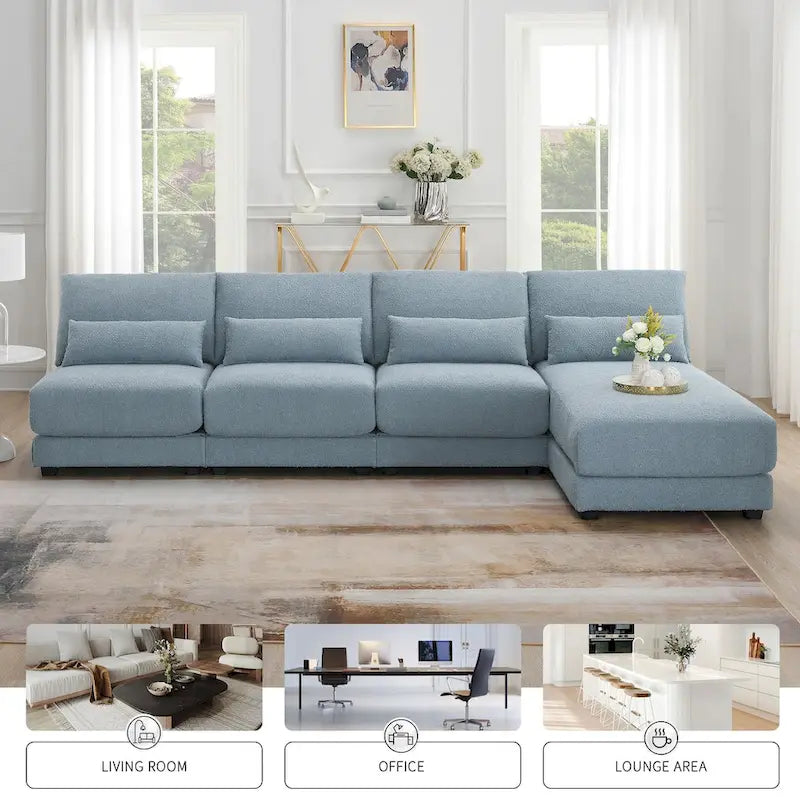 Übergroßes tiefes Ecksofa mit umkehrbarer Ottomane, umstellbares L-förmiges Sofa, Blau
