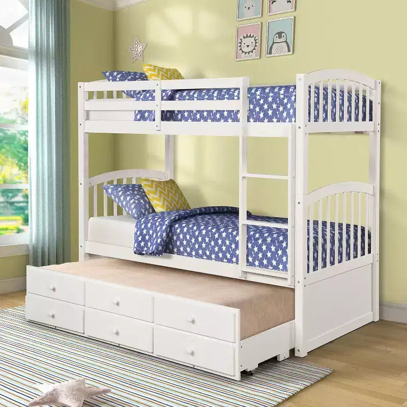 Etagenbett mit Leiter und Schutzgitter, Ausziehbett mit 3 Schubladen – Möbel für Jugend- und Gästezimmer