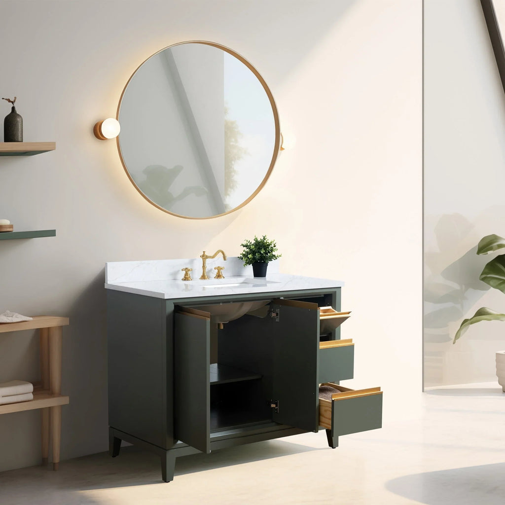 Vanity Art Badezimmerschrank mit Keramikwaschbecken und Platte aus technischem Marmor