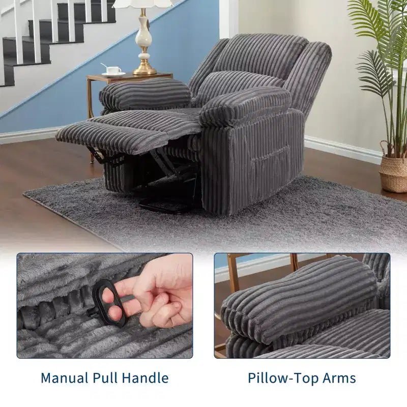 Kordsessel, manueller Relaxsessel mit Hebel, gepolsterte Armlehnen, dicke Polsterung, Seitentasche, Wohnzimmer, Schlafzimmer, Heimkino, Dunkelgrau