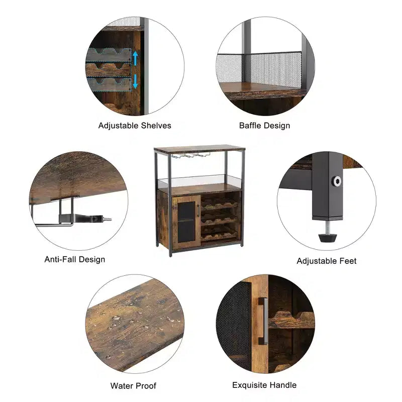 Grauer 3-stöckiger industrieller Weinbarschrank (12+ Flaschen), 91,4 H x 61 B x 38,1 T cm, abnehmbares Regal, 9 Glashalter & verstellbare Einlegeböden für Zuhause/Bar
