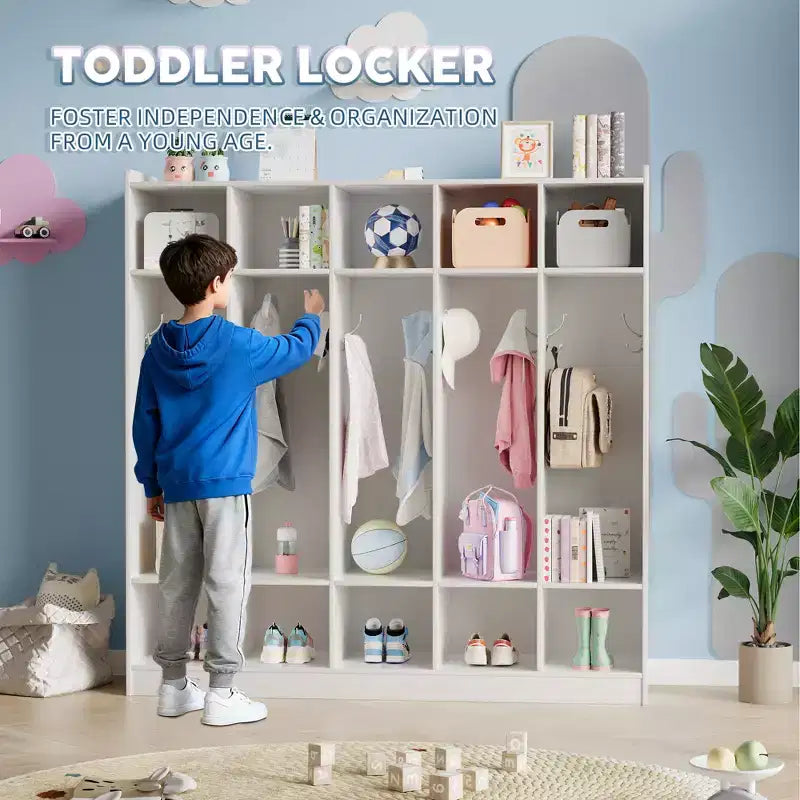 Garderoben-Organizer für Kinder mit 10 Fächern & Haken, 5-teiliges Aufbewahrungssystem für Klassenzimmer, Kinderzimmer, Flur oder Spielzimmer, Eiche Natur