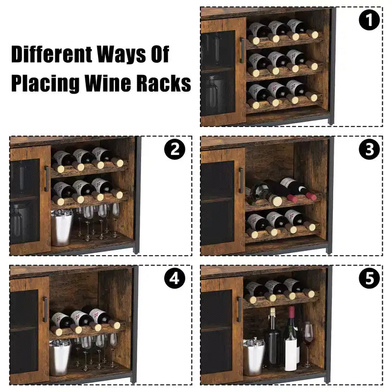 Grauer 3-stöckiger industrieller Weinbarschrank (12+ Flaschen), 91,4 H x 61 B x 38,1 T cm, abnehmbares Regal, 9 Glashalter & verstellbare Einlegeböden für Zuhause/Bar