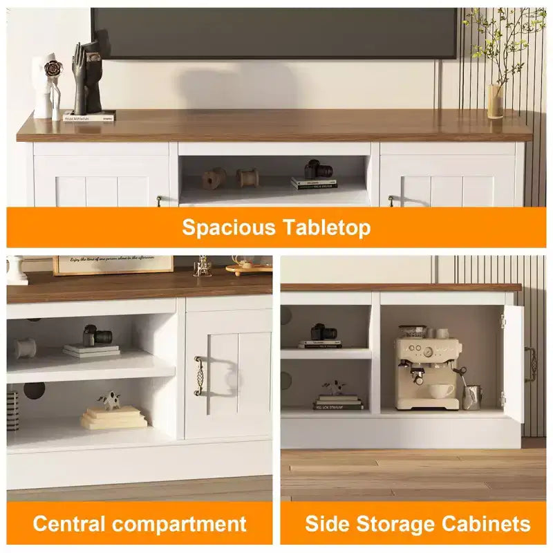 Moderner TV-Schrank für 65-Zoll-Fernseher, rustikales Entertainment-Center aus Holz mit geräumigen Aufbewahrungsschränken, Medienkonsole für Wohnzimmer und Büro