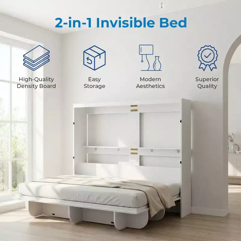2-in-1 Unsichtbares Murphy-Bett mit Ablagefächern, Queen-Size, Naturholz (Matratze nicht enthalten)