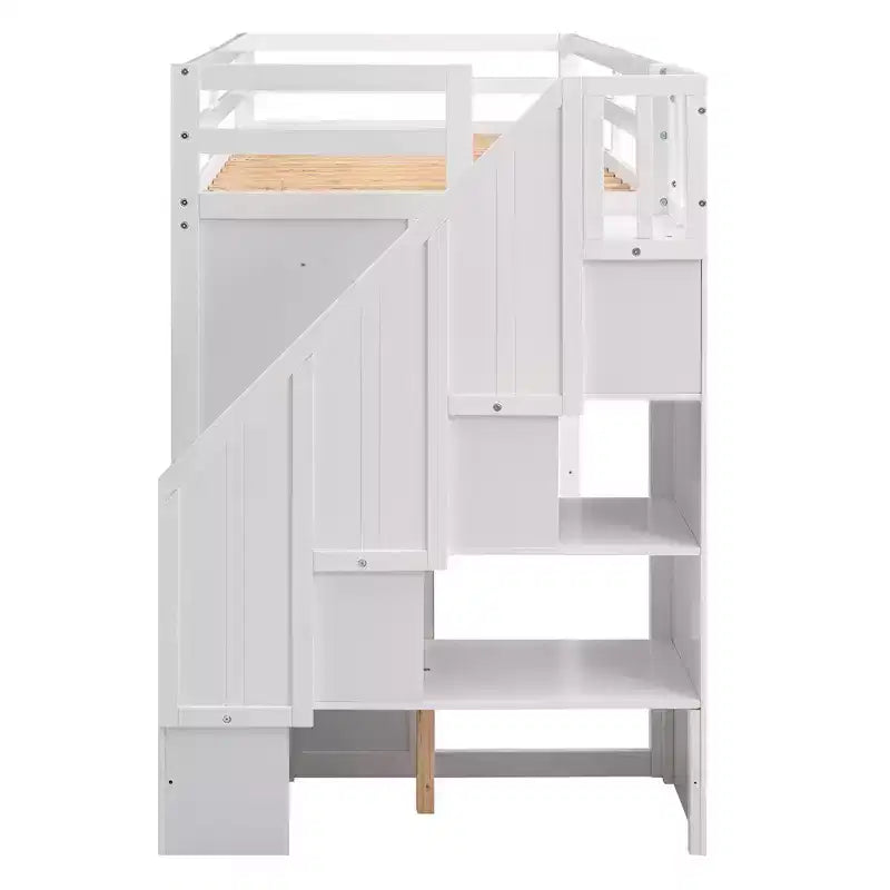 93,3 Funktionales Hochbett mit Kleiderschränken, Regalen, Schubladen und Stauraumleiter