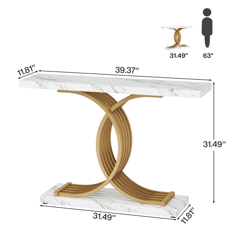 Schwarzer/goldener moderner Konsolentisch mit Marmoroptik-Tischplatte, 99 cm breiter Holztisch für den Eingangsbereich mit geometrischen Metallbeinen