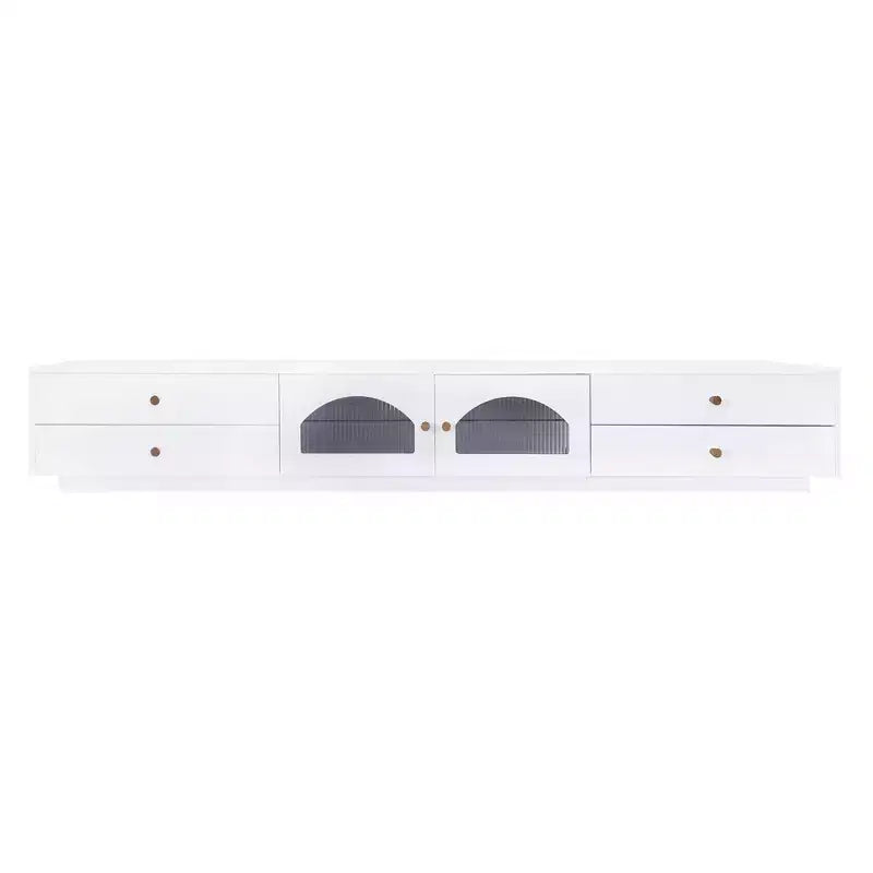 TV-Ständer für 95-Zoll-Fernseher, extra lange Medienkonsole mit 2 Türen und 4 Schubladen, großer TV-Schrank mit geriffelten Glastüren
