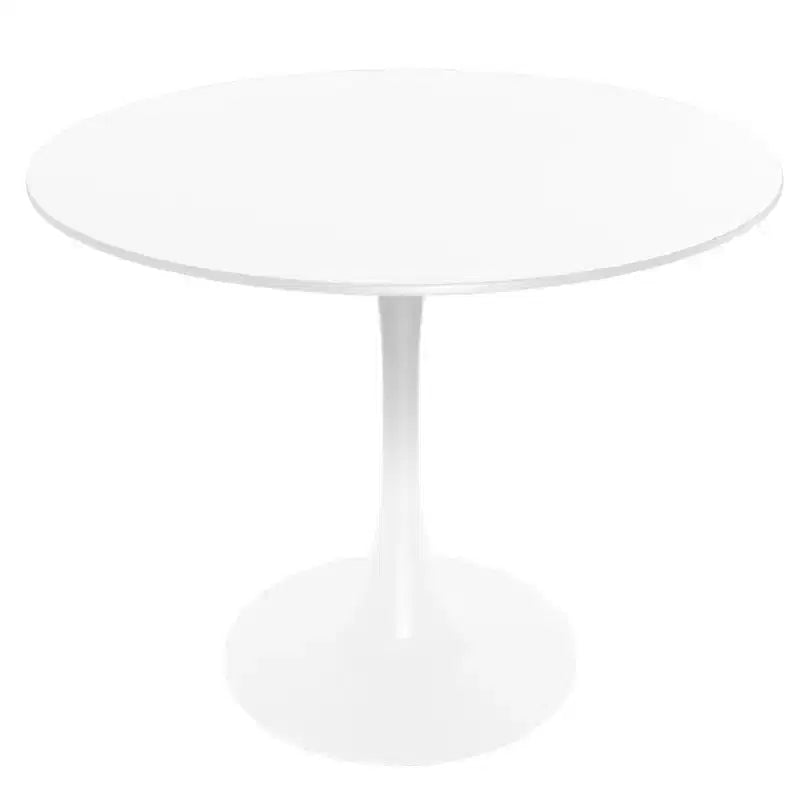 LeisureMod Bristol 5-teiliges Ess-Set mit rundem Esstisch und 4 Esszimmerstühlen aus Kunststoff mit weißen Beinen