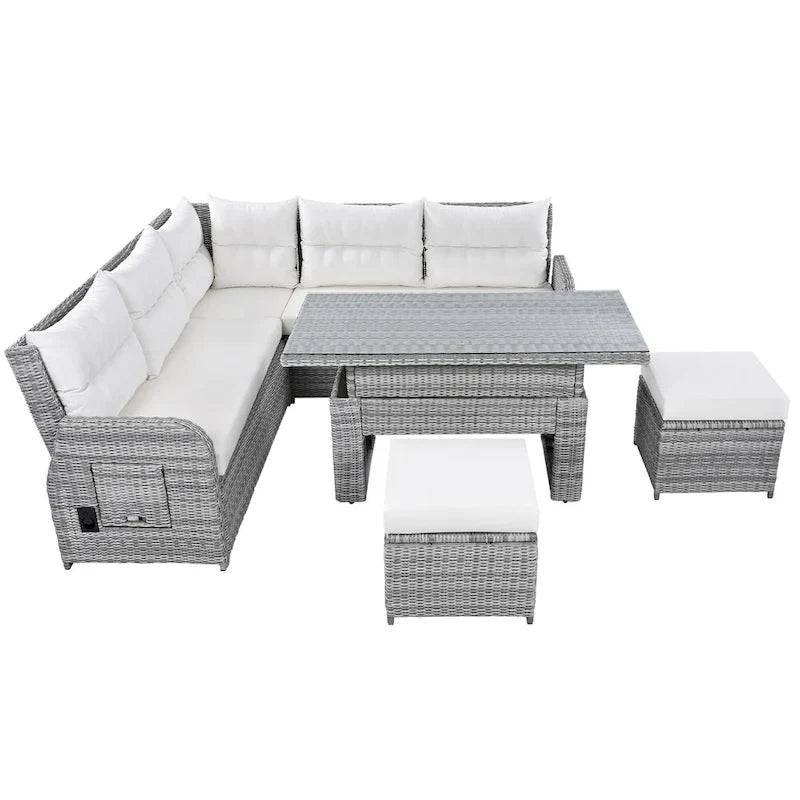 Outdoor-Rattan-Ecksofa-Set mit verstellbarem Tisch und Relaxsesseln
