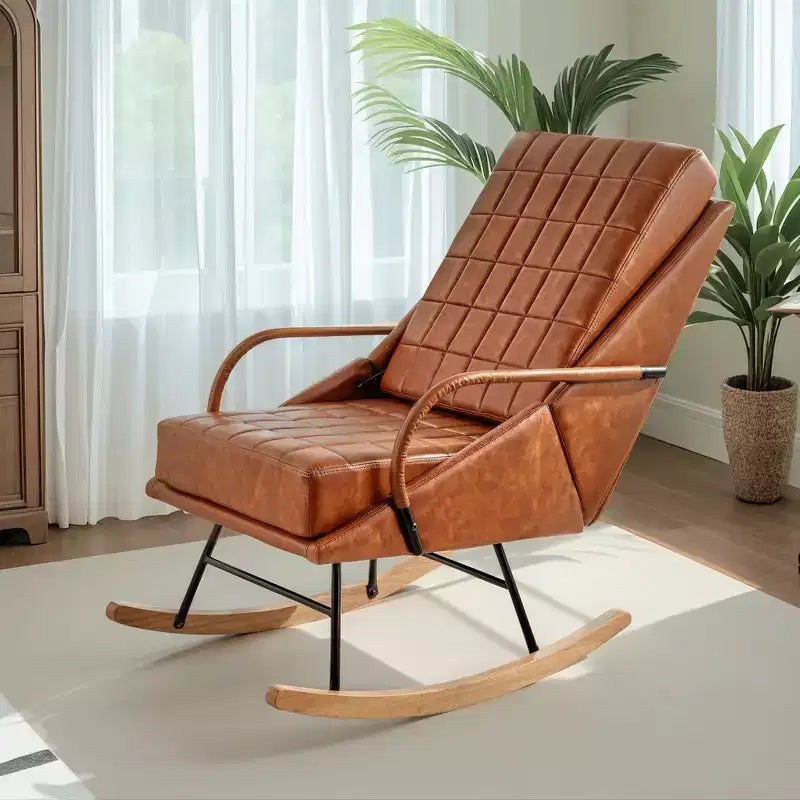 VECELO Polster-Schaukelstuhl aus Kunstleder/Teddy-Stoff, moderner Lounge-Schaukelsessel mit verstellbarer Rückenlehne, gepolsterter Sitzfläche und sicherem Gestell aus Massivholz, Weiß/Braun